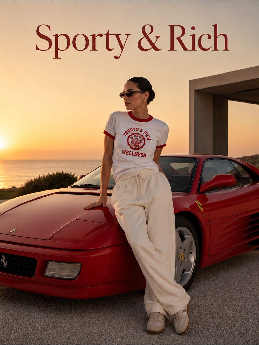 Sporty & Rich White Tee with Red Logo Ringer